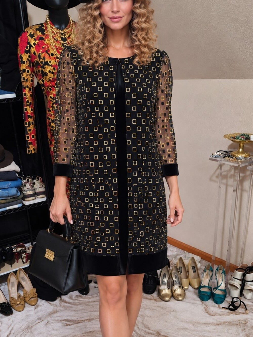 Vintage 80s Black Velvet Dress Sheer Gold Geometric Overlay Cocktail Dress S